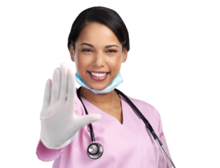 PNG cropped portrait of an attractive young female healthcare worker gesturing stop while standing in studio.