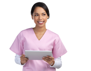 PNG cropped shot of an attractive young female healthcare worker using a tablet in studio.