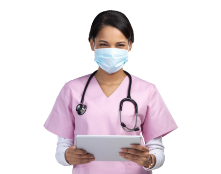PNG cropped portrait of an attractive young female healthcare worker wearing a mask and stethoscope while using her tablet in studio.