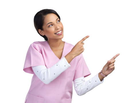 PNG cropped shot of an attractive young female healthcare worker pointing towards copyspace in studio.