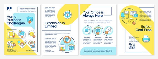 Home business issues blue and yellow brochure template. Freelance work. Leaflet design with linear icons. Editable 4 vector layouts for presentation, annual reports. Questrial, Lato-Regular fonts used