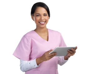 PNG cropped portrait of an attractive young female healthcare worker using a tablet in studio.