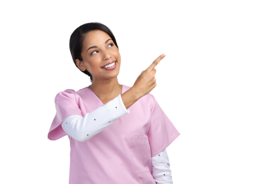 PNG cropped shot of an attractive young female healthcare worker pointing towards copyspace in studio.