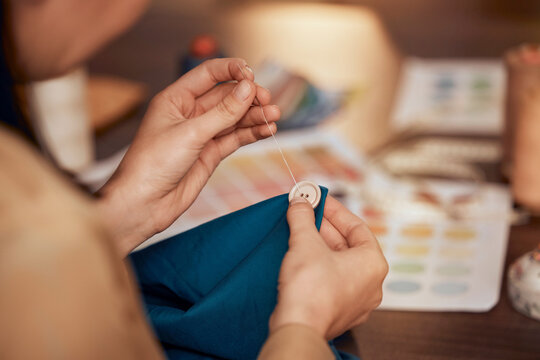 Hand, Button And Sewing With A Woman Designer Working In Fashion With A Material Or Textile Product. Creative, Table And Fabric With A Female Entrepreneur Working In A Studio To Sew Or Tailor