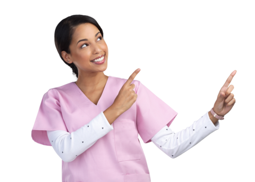 PNG cropped shot of an attractive young female healthcare worker pointing towards copyspace in studio. - Powered by Adobe