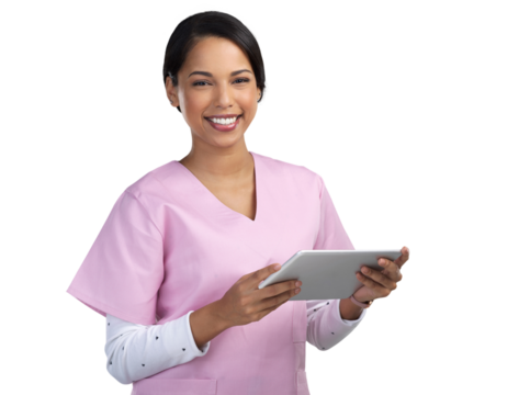 PNG cropped portrait of an attractive young female healthcare worker using a tablet in studio.