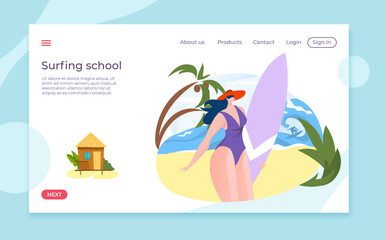 Surfing school at sea, landing page, vector illustration, flat woman character hold board near ocean, sport lifestyle web page design.
