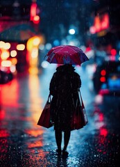 Person under an umbrella in rain, carrying bags