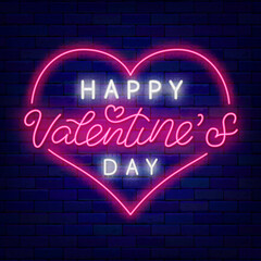 Happy Valentines Day neon signboard. Heart frame with lettering. Luminous advertising. Vector stock illustration