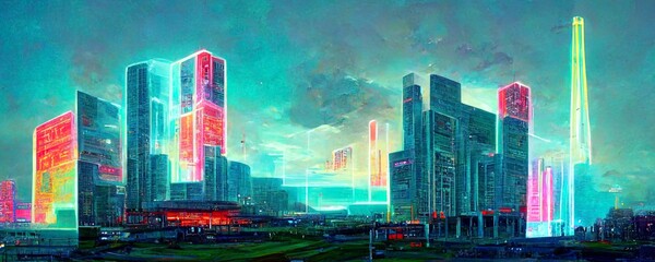 Obraz premium Cyberpunk neon city night scene. Great as a backdrop, wallpaper or to use in your art projects.