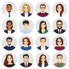 Smiling diversity people in different business clothes avatar set. Men and women, male and female characters collection. Isolated vector illustration. - obrazy, fototapety, plakaty