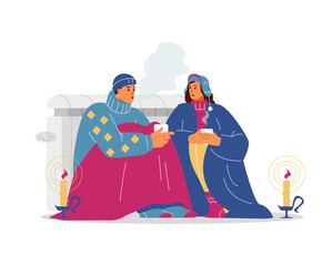 Couple freezing at home economizing warmth vector illustration. Energy crisis consequences concept.