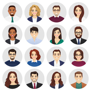 Smiling diversity people in different business clothes avatar set. Men and women, male and female characters collection. Isolated vector illustration.