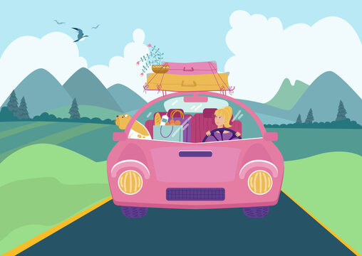 Car trip with pet, vector illustration, flat woman character travel at transport, happy journey with dog, girl drive auto at road.