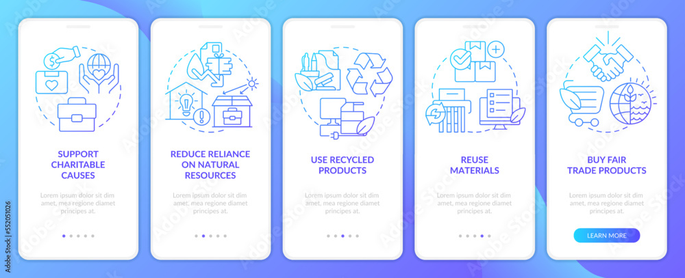 Aufkleber environmental company features blue gradient onboarding mobile app screen. walkthrough 5 steps graph