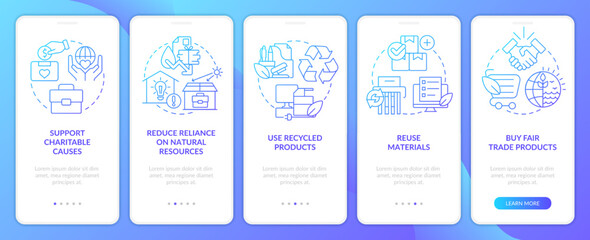 Environmental company features blue gradient onboarding mobile app screen. Walkthrough 5 steps graphic instructions with linear concepts. UI, UX, GUI template. Myriad Pro-Bold, Regular fonts used