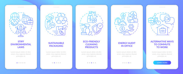 Fototapeta na wymiar Eco-friendly corporate culture blue gradient onboarding mobile app screen. Walkthrough 5 steps graphic instructions with linear concepts. UI, UX, GUI template. Myriad Pro-Bold, Regular fonts used