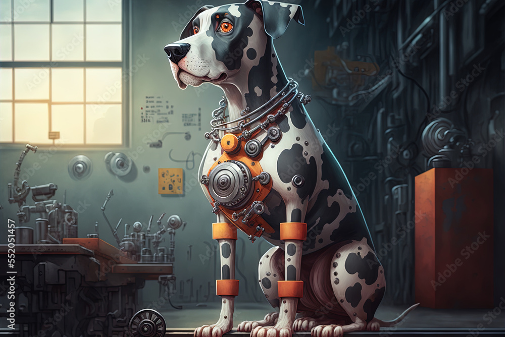 Poster there's a robot dog at the robot factory. generative ai