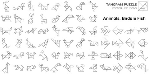 Tangram puzzle game. isolated Tangram line icons.