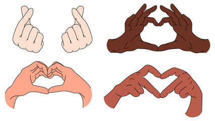 illustration of a set of hand drawn hearts, heart in hands,hands holding heart, hands in heart shape, hands showing a heart