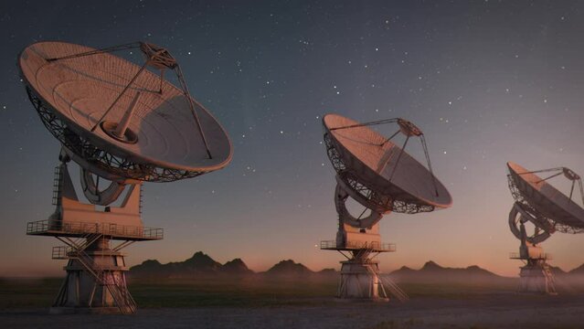 Establishing Shot of a Large Radio Telescope Array in the Desert