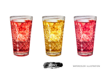 Watercolor illustration set of apple, strawberry, raspberry wine in a glass isolated on white background. German wine in a glass for cider.