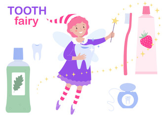 Smiling tooth fairy and dental care elements. Set of items for hygiene of teeth