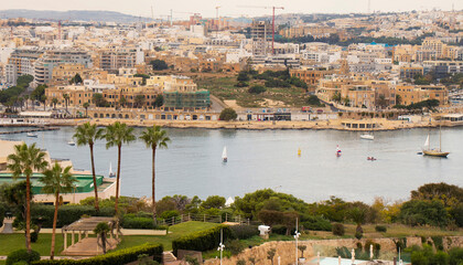 Panoramic view from Valletta fortification garden on the bay and Ta'xbiex town of Malta - 552054091