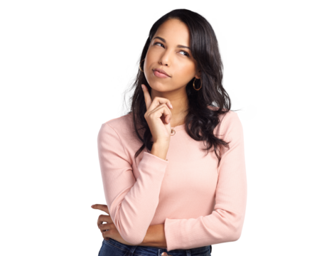 PNG shot of a beautiful young woman looking thoughtful while standing.