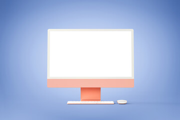 Modern desktop computer with blank white screen on blue abstract background