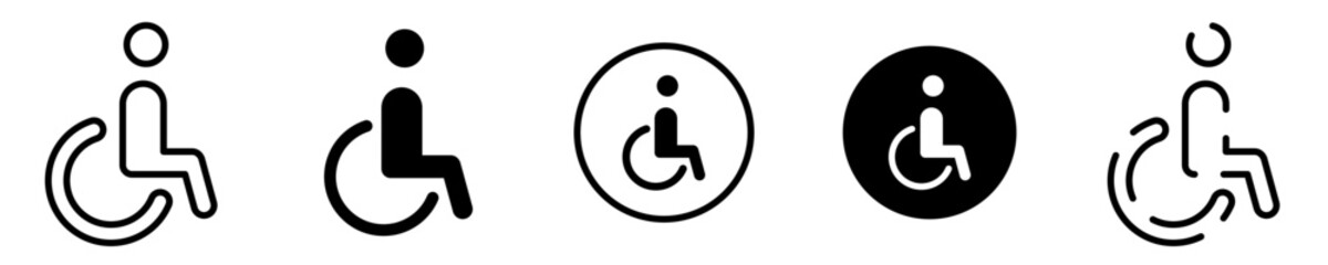 Conjunto de iconos de discapacidad. Persona en silla de ruedas. Concepto de de discapacitado, persona minusválida. Ilustración vectorial - obrazy, fototapety, plakaty