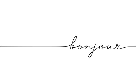 Bonjour word - continuous one line with word. Minimalistic drawing of phrase illustration.