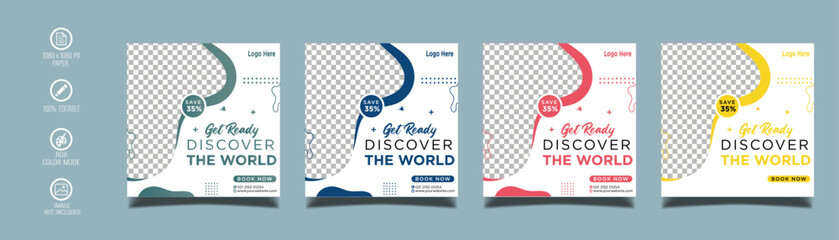 Holiday travel, traveling or summer beach travelling social media post or web banner template design. Tourism business marketing flyer or poster with abstract digital background, logo and icon.