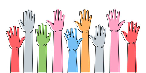 Set of hands up one line colored continuous drawing. Teamwork, collaboration, solidarity continuous colorful one line illustration.