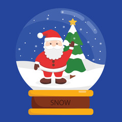 Christmas holiday. Under the magic glass dome Santa Claus with white snow. Snowball. Festive New Year realistic composition. vector illustration