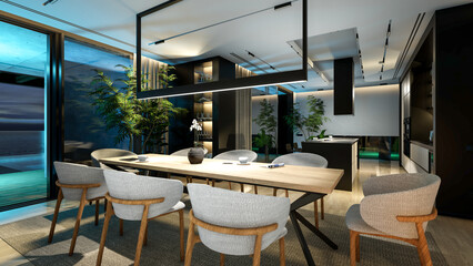 3d rendering of modern cozy interior with living,dining zone stair and kitchen for sale or rent with wood plank by the sea in night. Warm interior lighting combined with cold light from night street