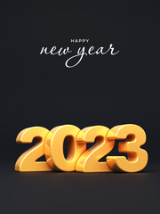 2023 happy new year. Banner with golden numbers on a dark background.