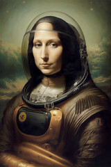 portrait of a woman variation of Mona Lisa in space suit generative AI