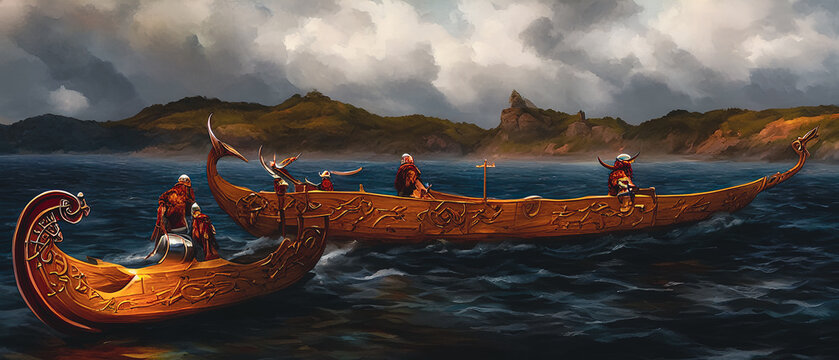 Viking ship on the water under the storm.
