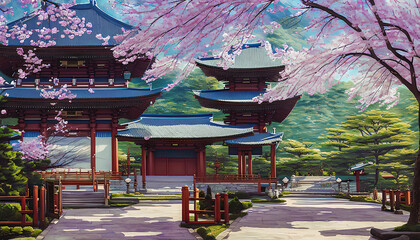 Illustration with an Asian temple in the garden. Japan.