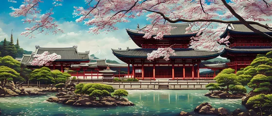 Photo sur Plexiglas Lieu de culte Illustration with an Asian temple in the garden. Japan.