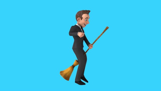 Fun 3D cartoon business man with a broomstick (alpha included)