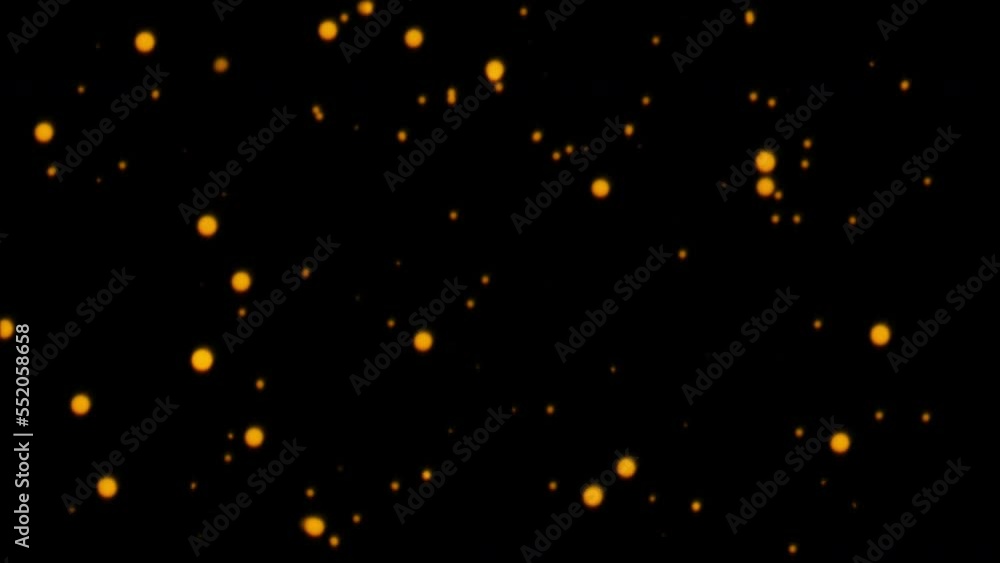 Poster abstract loop flickering glow orange dust particles floating on black background for project screen 