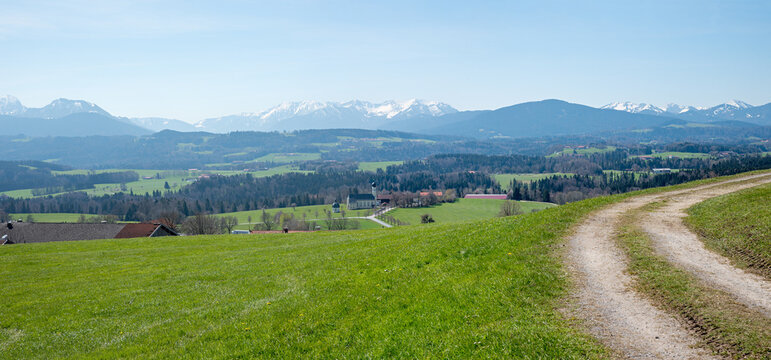 viewpoint Irschenberg, view to bavarian foothills and alps, hiking trail