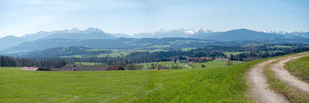 viewpoint Irschenberg, view to bavarian foothills and alps