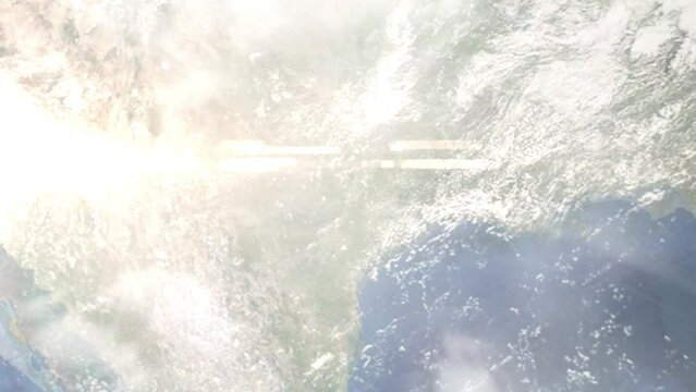 Earth zoom in from outer space to city. Zooming on Round Rock, Texas, USA. The animation continues by zoom out through clouds and atmosphere into space. Images from NASA