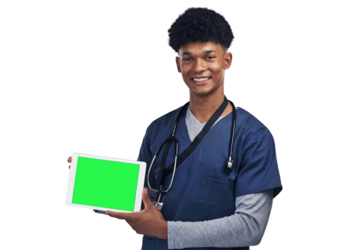 PNG of a male nurse holding up a digital tablet - Powered by Adobe