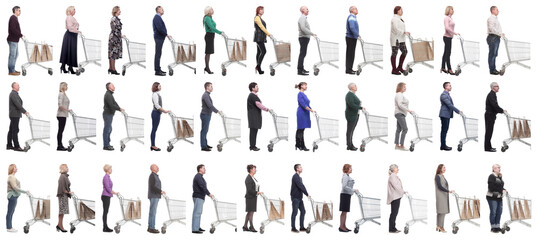 group of people with cart looking ahead isolated on white