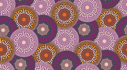 Fototapeta premium Abstract Decorative Ethnic Round Circles Seamless Pattern Luxury Interior Design Modern Greek Geometrical Background Trendy Fashion Colors