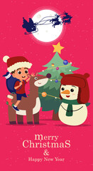 Cute christmas card on a pink background with snowman, reindeer, christams tree and santa boy